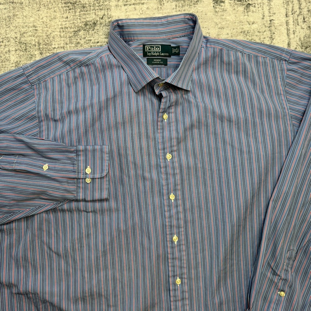 Polo Ralph Lauren Shirt Mens 20 Tall 38/39 Blue Striped Regent Classic Fit Dress